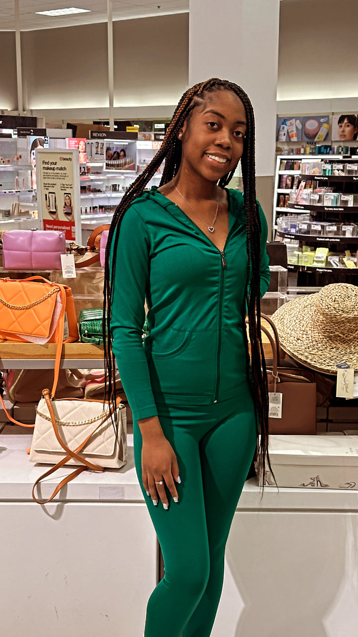 Green two piece jogger set with hoodie